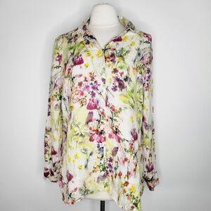 TIANELLO Ezee Print Linen Loving Blouse Size M Watercolor Longline Roll-Tab